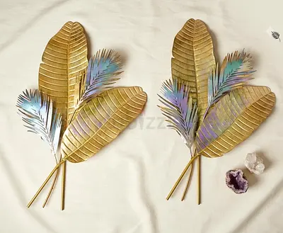 Pair of Decorative Metal Leaf Wall Art - Gold Metallic Feathers