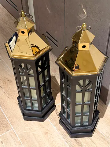 Pair of Decorative Brass-Top Lanterns (Indoor/Outdoor)