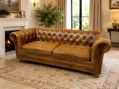 Marina home Vintage Tan Leather Tufted Chesterfield Sofa 210x100 cm