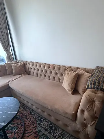 Beige Tufted L-Shaped Velvet Sofa — Good Condition urgent sale