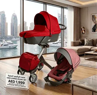 Stokke Xplory stroller set (carrycot + car seat) - red, excellent condition