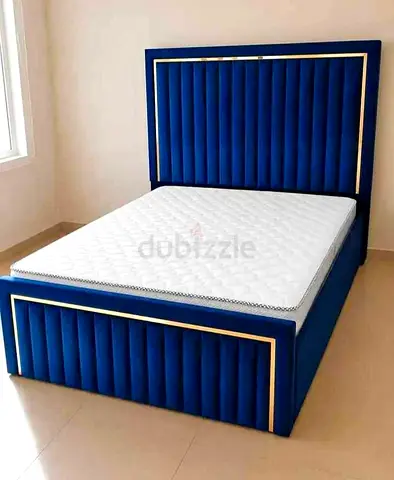 Brand New Blue Velvet Bed Frame with Padded Headboard and Gold Trim, Queen Size