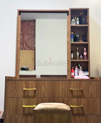 Wooden Dresser with Mirror, Shelves and Stool - Good Condition