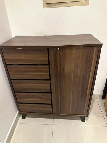 Compact Wooden Chest of Drawers with Sliding Door - Dark Walnut
