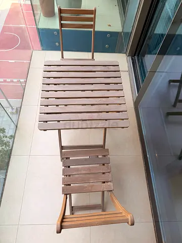Wooden Balcony Bistro Set - Foldable Table with Two Chairs and Cushions
