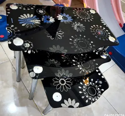 Set of 3 Black Floral Glass Nesting Side Tables - Good Condition