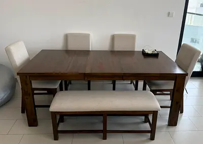 Solid Wood Dining Table Set with 6 Chairs and Bench - Good Condition