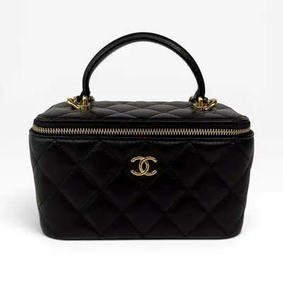 Authentic CHANEL VANITY TOP HANDLE IN BLACK LAMBSKIN WITH PALE GOLD HARDWARE