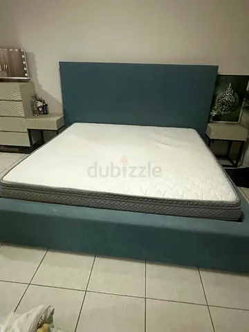 Queen size upholstered bed frame with mattress - good condition