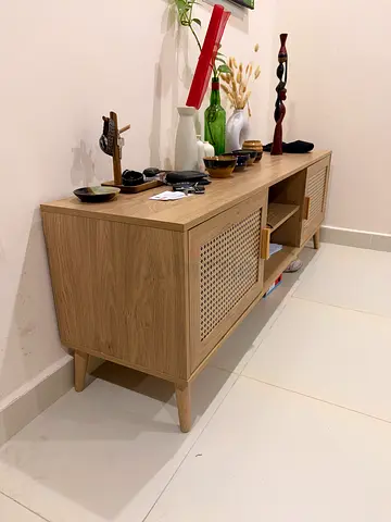 Solid Wood TV Unit with Rattan Doors - Light Oak Finish - Excellent condition