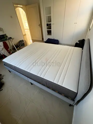 Queen size 160x200cm upholstered bed frame with mattress - light grey