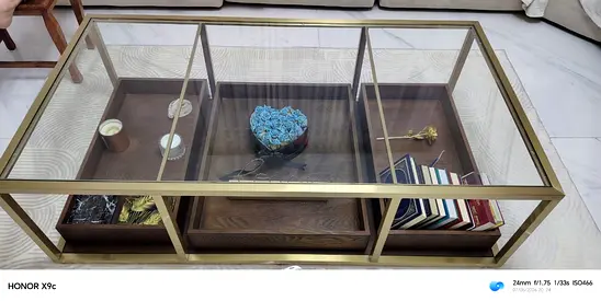 Glass Top Brass Coffee Table with Wood Display Shelves