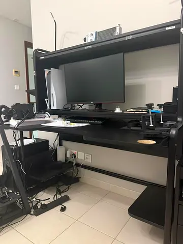 Black Standing Desk with Upper Shelf and Monitor Stand - Good Condition