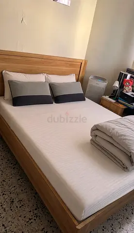 Solid wood queen bed frame with headboard - light oak finish ,Matte bed frame from Pan Emirates
