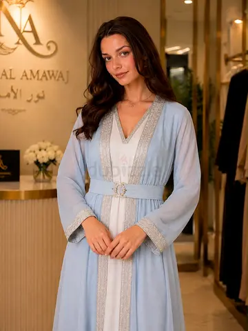 Light Blue Embroidered Abaya with Belt - Excellent Condition