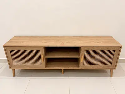 Solid Wood TV Unit with Rattan Doors - Light Oak Finish - Excellent condition