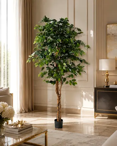 Tall Artificial Ficus Tree with Braided Trunk - Lush Green Indoor Plant