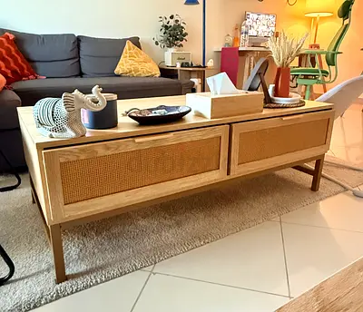Low wooden coffee table with rattan drawers - modern natural finish