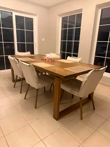 Solid Wood Dining Table with 6 Upholstered Chairs - Good Condition
