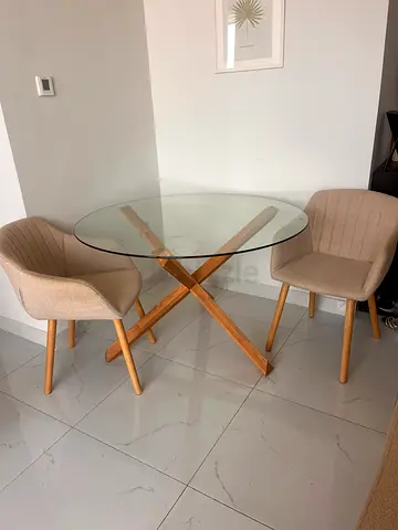 Glass Top Dining Table with 2 Beige Fabric Chairs - Modern Compact Set