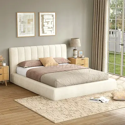 Beige thick channel headboard king size bed