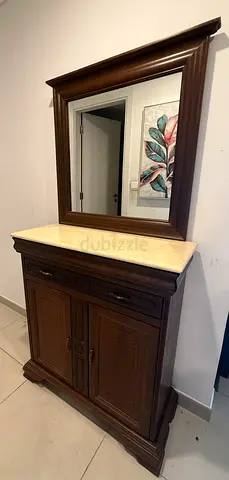 Solid Wood Console with Marble Top and Matching Mirror
