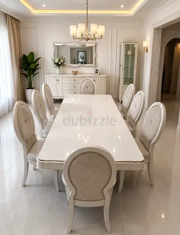 Elegant White 8-Seater Dining Set with High-Gloss Table and Upholstered Chairs