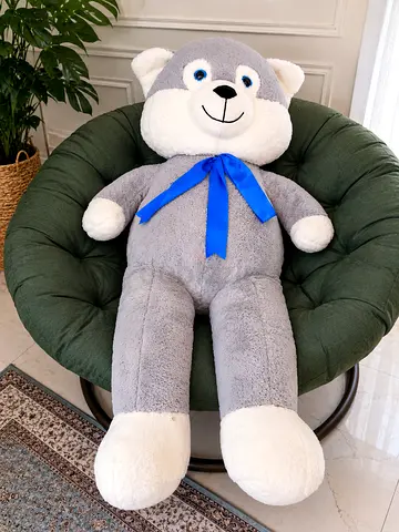Large Grey and White Husky Teddy Bear with Blue Ribbon