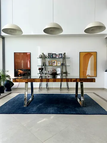 Beautiful dining table solid wood with glass and polished steel legs! Stunning!