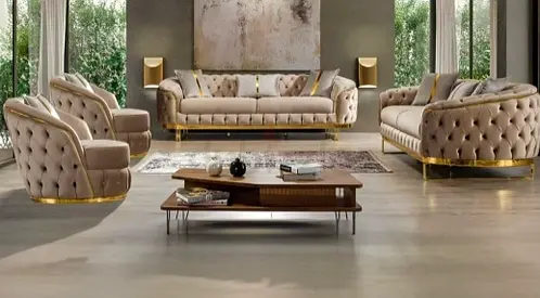 Beige Velvet 3-2-1 Sofa Set with Gold Accents - good quality