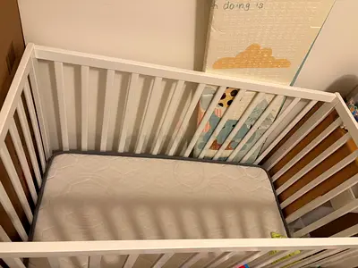 White Baby Crib with Mattress - Good Condition