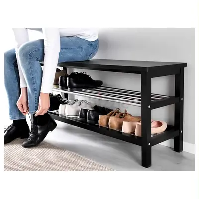 Simple Black 3-Tier Shoe Bench with Storage Shelves