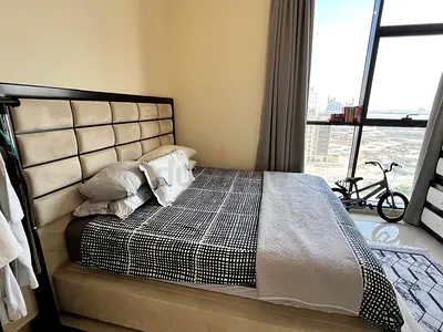King-size upholstered bed set with padded headboard - good condition