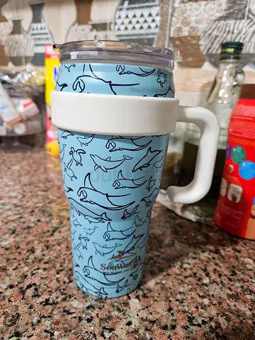 Insulated Dolphin Print Travel Tumbler with Handle - Light Blue