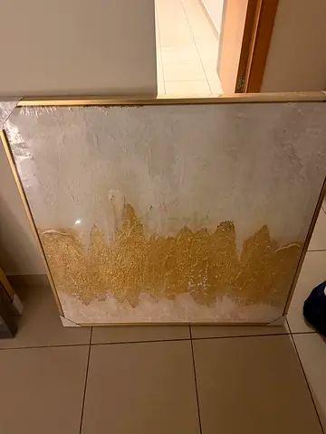 Large Abstract Gold and White Canvas Wall Art (Framed)