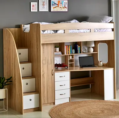 Wooden Loft Bed with Stairs, Wardrobe and Study Desk - Light Oak