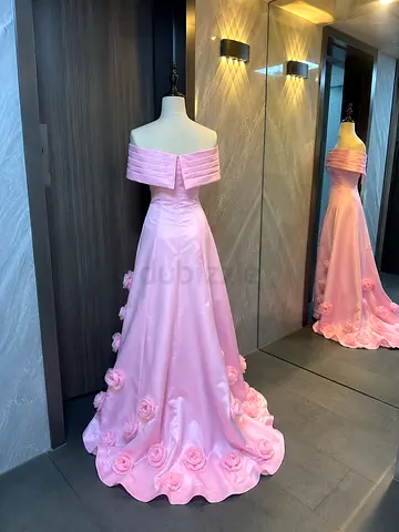 Pink Off-Shoulder Formal Gown with 3D Rose Details, Size Noted in Photos