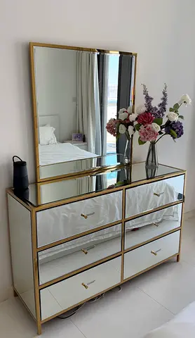 Mirrored 6-Drawer Dresser with Gold Frame and Matching Mirror
