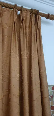 Reduced Price. Brown jacquard curtain panel with wooden rod pocket - good condition (2 pcs)