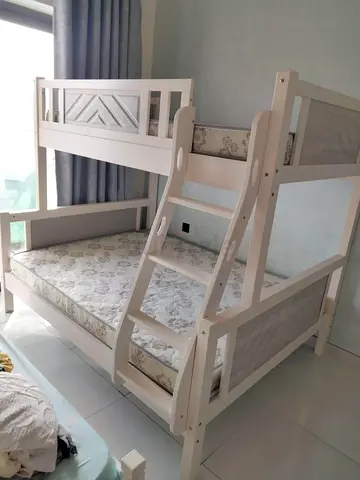 White Wooden Bunk Bed with Ladder — Twin over Full, Good Condition