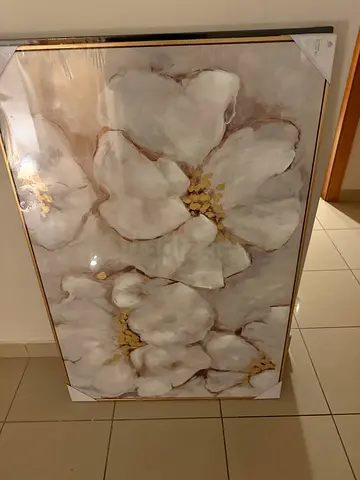 Large Gold-Trim Floral Canvas Painting - Neutral White Blossoms