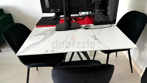 White Marble Effect Dining/Work Table with 4 Black Velvet Chairs