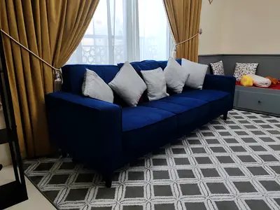 Blue 3-Seater Fabric Sofa with Cushions - Excellent Condition