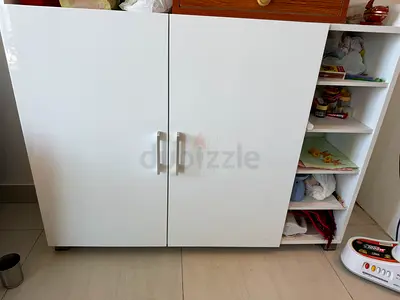 White Storage Cabinet with Side Shelves - Good Condition