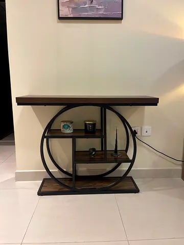 Modern Round Console Table with Wooden Shelves
