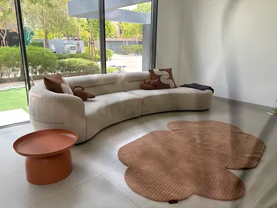 Curved Modern Beige Sofa with Brown Accent Rug - Good Condition