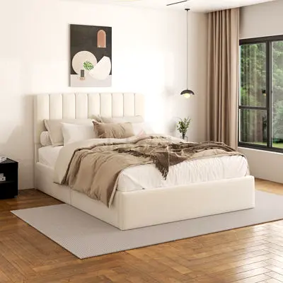 Upholstered Double Bed Frame with Headboard - Cream