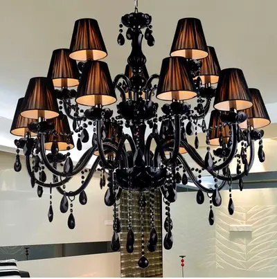 Elegant Black Crystal Chandelier with Fabric Lampshades