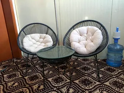 Set of 2 Round Wicker Lounge Chairs with Glass Coffee Table