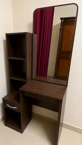 Dark Wood Dressing Table with Mirror and Shelving
